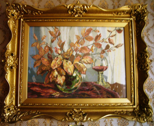 Autumn Leaves with a Wineglass still life 67x43 cm. 39 colours